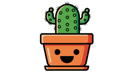 Cute Cartoon Potted Cactus with Smiling Face on Isolated White Background