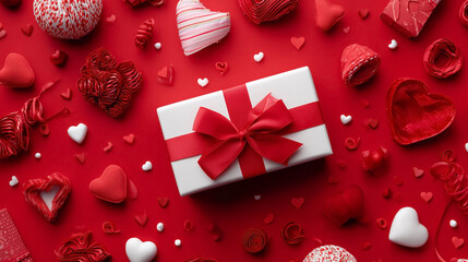 A white box with a red bow on top of a red background