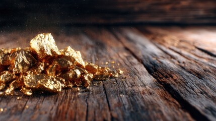 A captivating arrangement of glistening gold nuggets laid out on a wooden surface, emphasizing their raw beauty and value against a textured background.