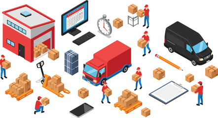 Isometric Warehouse Logistics and Delivery Service. Vector Illustration of Workers, Storage, Trucks, and Packaging.