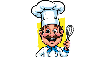Happy Male Chef with Mustache Holding Whisk in Bright Studio