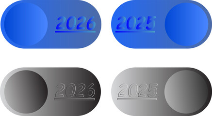 Four toggle switch icons representing year selection between 2025 and 2026 in blue and grayscale color schemes