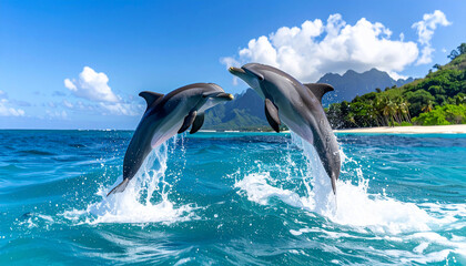 Fototapeta premium Dolphins Jumping in Tropical Ocean