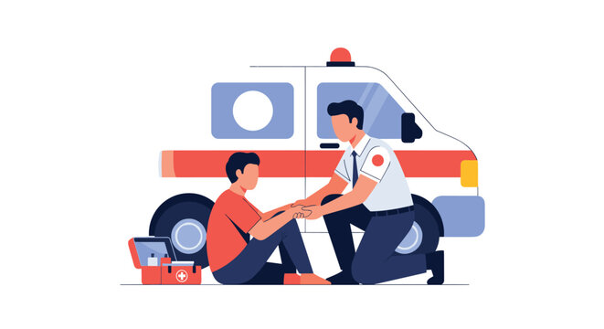 Paramedic providing first aid to an injured person with an ambulance in the background in this looping animated illustration.