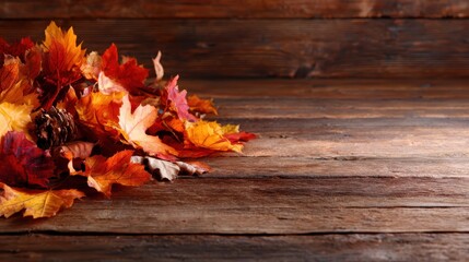 A beautiful collection of vibrant autumn leaves scattered on a rustic wooden surface creates a picturesque and seasonal ambiance inviting warmth and nostalgia.