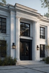 Obraz premium Elegant architectural facade with columns and dark framed windows