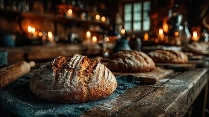 This image showcases a selection of artisan bread loaves beautifully arranged on a rustic wooden table, surrounded by a warm, inviting atmosphere created by soft candlelight.
