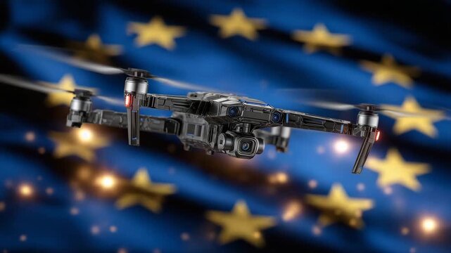 A sleek drone featured prominently against the EU flag backdrop, stars arranged in a circular formation around the drone, symbolic golden light illuminating the setting to evoke st