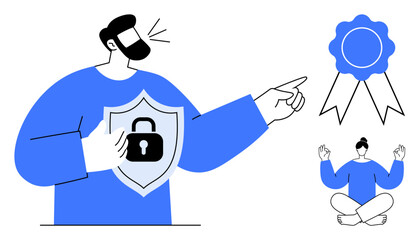 Cybersecurity, self-improvement, data security, verification, mental focus, mindfulness. Person holding shield with lock, pointing to a certificate meditating. Cybersecurity and self-improvement