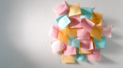A vibrant mix of sticky notes in pink, yellow, and blue are creatively arranged on a white wall, symbolizing creativity, organization, and personal expression in daily life.
