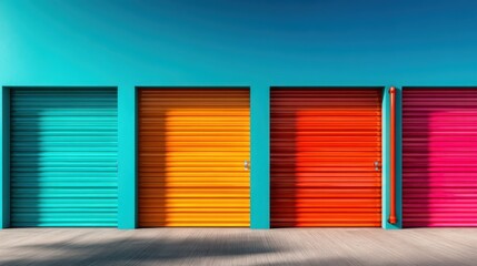 A series of vibrant colored doors against a bold blue backdrop, representing an artistic concept of choice, creativity, and opportunities in a contemporary and playful way.