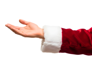 Santa claus hand offering something isolated on transparent background with red suit