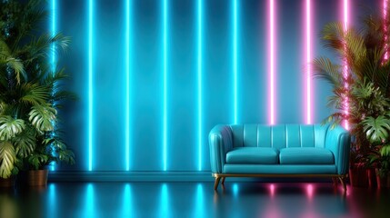 A bold and colorful lounge featuring neon lighting and tropical plants, embodying a lively aesthetic that combines retro vibes with modern flair for an energetic atmosphere.