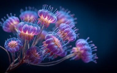 Fototapeta premium Bioluminescent jellyfish cluster glowing in deep sea with cyan and violet bioluminescence, studio-style black background macro photography