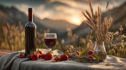 Obraz premium Serene Outdoor Setting with Red Wine, Fresh Strawberries, and Wheat Under Beautiful Sunset Over Mountains