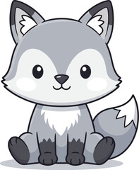 Cute cartoon gray wolf with white fur isolated on white background