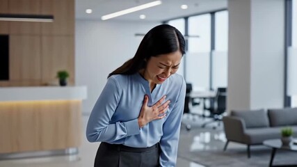 Woman Experiencing Chest Pain And Discomfort In Modern Office Setting