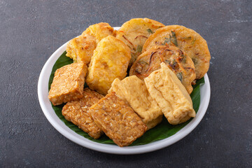 Indonesian food gorengan Bakwan or Bala bala, Tofu, tahu isi and Tempe.