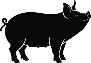 Black silhouette of a pig on white background isolated on white background