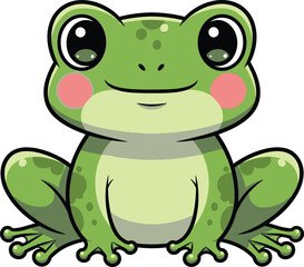 Cute cartoon green frog sitting on white background isolated