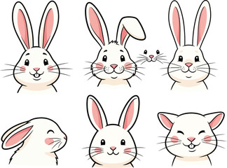 Set of five cartoon rabbit faces with different expressions isolated on white background