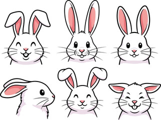 Set of five cartoon rabbit faces with different expressions isolated on white background