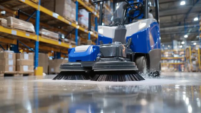 Close-up of a modern floor scrubber in motion, brushes and squeegees actively cleaning warehouse tiles, ambient reflections creating dynamic textures on the wet surface