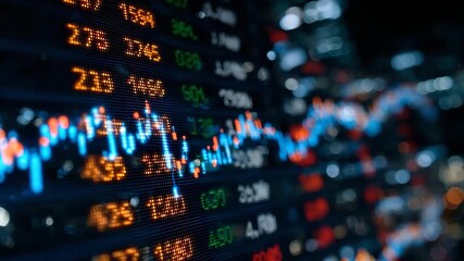 Close-up of financial market data displayed on a digital ticker, orange and blue numbers shimmering, light reflections adding depth, emphasizing continuous trading and stock fluctu - Powered by Adobe
