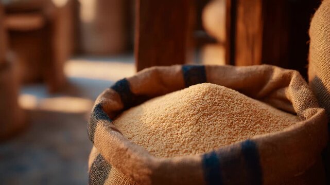 Close-up of open sack filled with couscous granules, warm beige tones illuminated by ambient industrial light