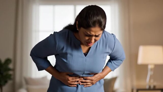 Woman Experiencing Severe Stomach Pain Manifesting Discomfort and Illness at Home