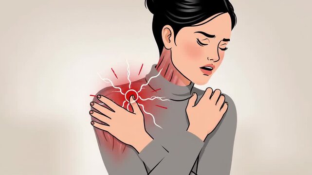 Woman Experiencing Shoulder and Chest Pain Symptoms In Carefully Illustrated Sequence