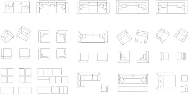 Top view sofa, armchair layout, furniture plan, interior design, modular seating, cushion sketch, flat vector illustration, schematic drawing