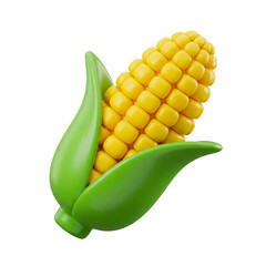 Plastic 3D rendered corn on the cob with green husk on transparent.
