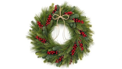 A circular wreath with green pine needles red berries and a twine bow on a white background