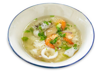 Top view of Shrimp and squid rice porridge, focus selective