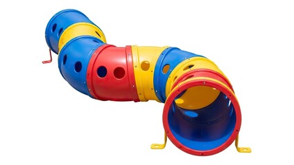 A colorful bent playground tunnel with blue yellow  red sections featuring support brackets
