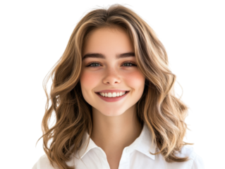 Young woman with wavy blonde hair smiling isolated on a transparent background female