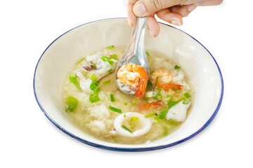 Top view of Shrimp and squid rice porridge, focus selective