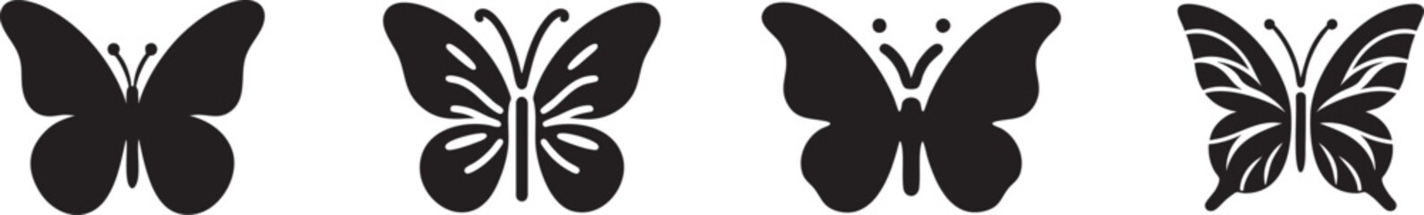 Set of four different black butterfly silhouettes icons