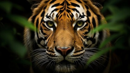 Fototapeta premium Closeup of a tiger in the wild jungle with intense eyes