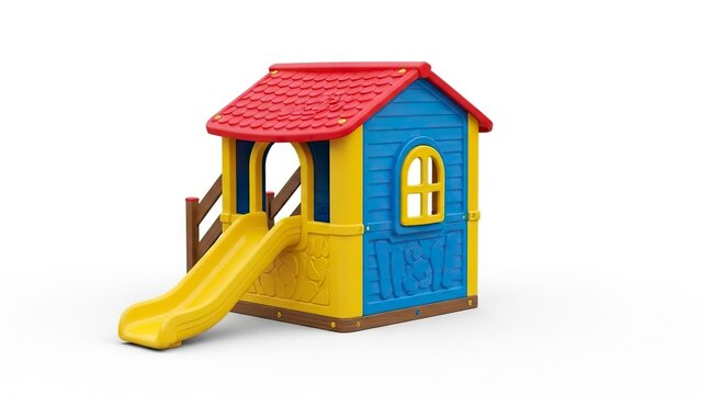 A colorful plastic childrens playhouse featuring a yellow slide blue walls and a red roof on a white background