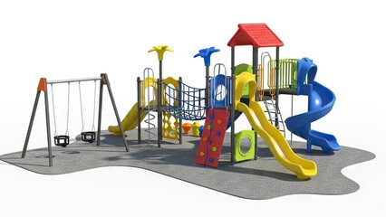 A colorful playground set with swings slides climbing structures and a net positioned on a gray safety surface