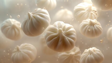 Ethereal Dumplings Floating in Soft Light with Bubbles in a Dreamy Culinary Scene