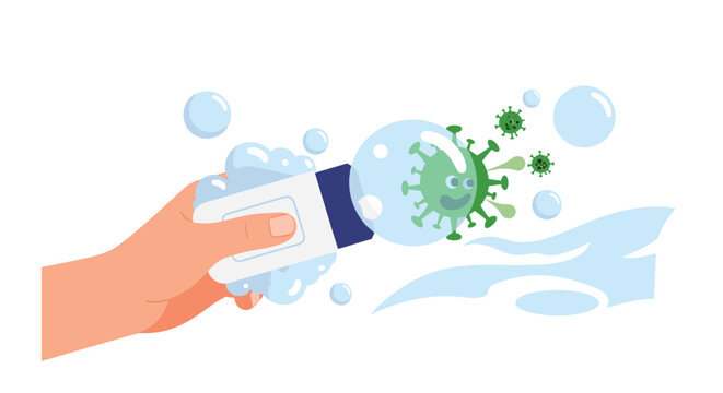 Hand using a bar of soap with foam to wash away and protect against cartoon virus germs, promoting good hygiene habits.