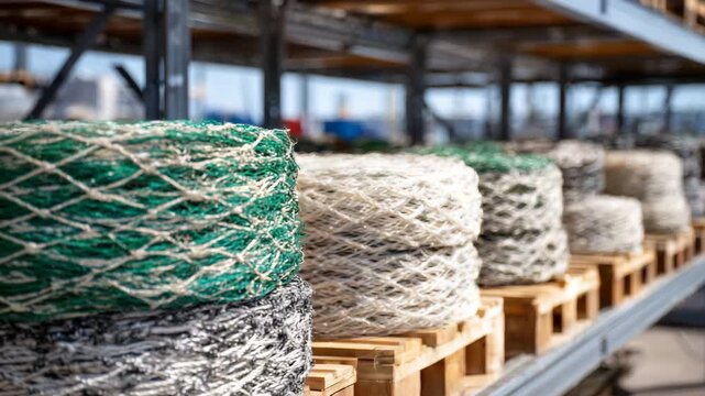 Detailed macro shot of green and beige fishing nets coiled and stored on clean metal racks, sunlight illuminating the woven fibers in a well-maintained warehouse