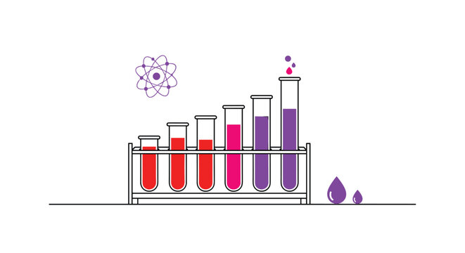 Rack of test tubes showing a chemical reaction or titration process, with liquid levels and colors changing progressively.