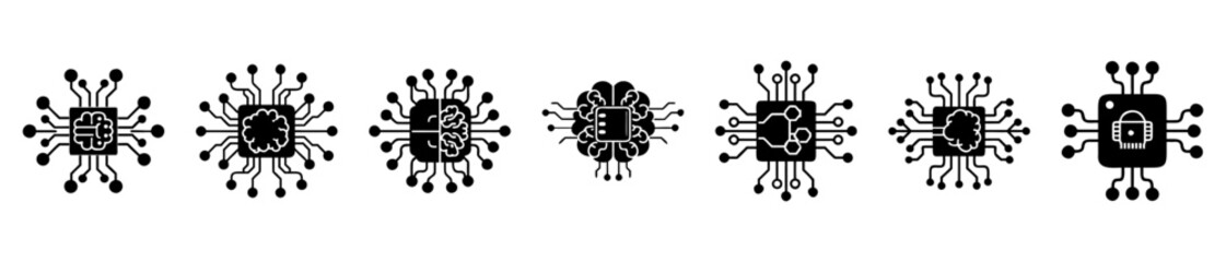 Modern digital technology microchip icons illustrating diverse computing and AI concepts.
