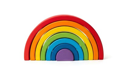 A stack of curved wooden pieces creates a bright rainbow red to violet against a plain white backdrop