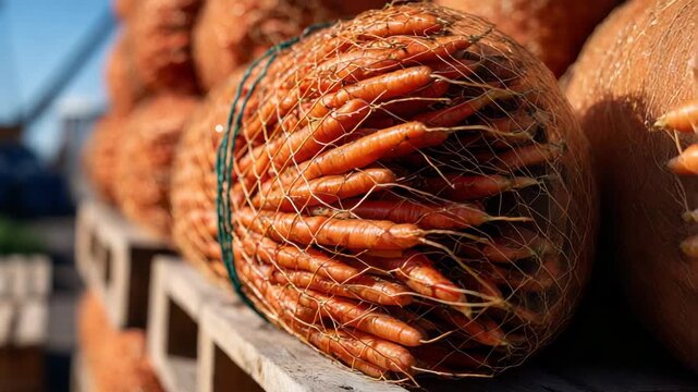 Detailed shot of orange carrot nets stacked on wooden pallets, focus on moisture droplets and vivid root textures
