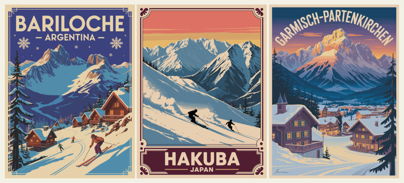 Retro-style ski resort posters featuring Bariloche, Hakuba, and Garmisch-Partenkirchen with snowy mountains and Alpine villages.